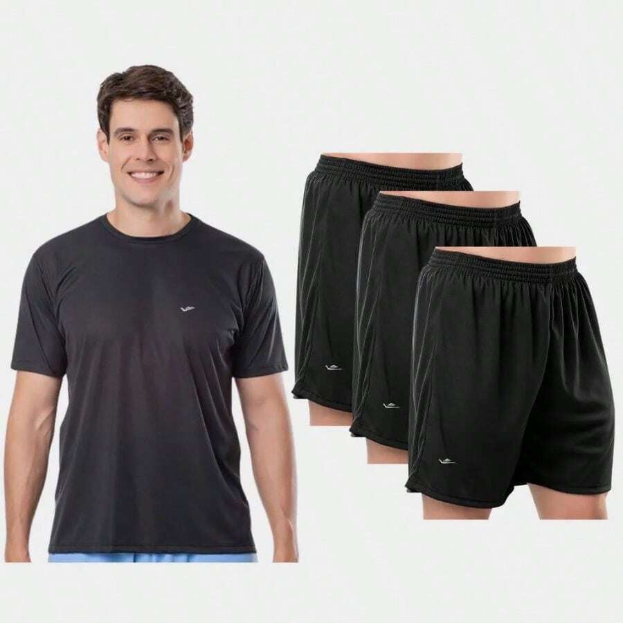 Kit 3 Bermuda Shorts And 1 Adult Men's Dry Fit T-Shirt Gym Sports And Training - màu đen - Xem 1