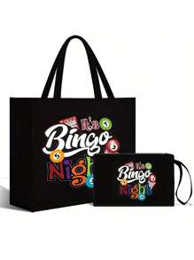 Bingo Night Women's Tote Bag And Wallet Set, Fabric Structure, Hand Washable, Unclosed, Lined, Casual Shoulder Back, Vacation Style Letter Design Tote Bags