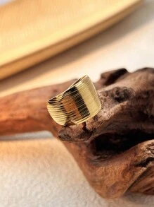 1pc Classic Vintage Wide Band Ring With Stainless Steel Golden Plated Smooth Texture Adjustable Open Design, Chunky Jewelry For Men & Women, Couples Gift For Christmas And New Year