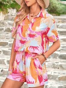 Women's Summer Two-Piece Printed Short-Sleeved Top Casual Printed Shorts Casual Seaside Holiday Set - Pink - View 3