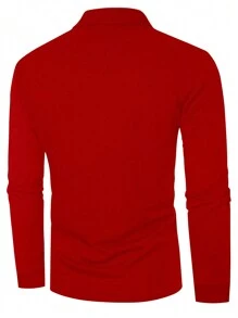1 pièce Chemise polo à manches longues avec col boutonné, imprimé unicolore, style décontracté, convient pour le printemps et l'automne - Rouge - Voir 2