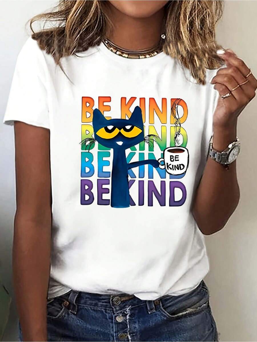 Women's Short Sleeve Round Neck Simple Print Graphic T-Shirt, Women's Sportswear & Clothing Casual Digital Print  Pure Heavy Cotton  Womens T-Shirts - 白色 - 查看 1