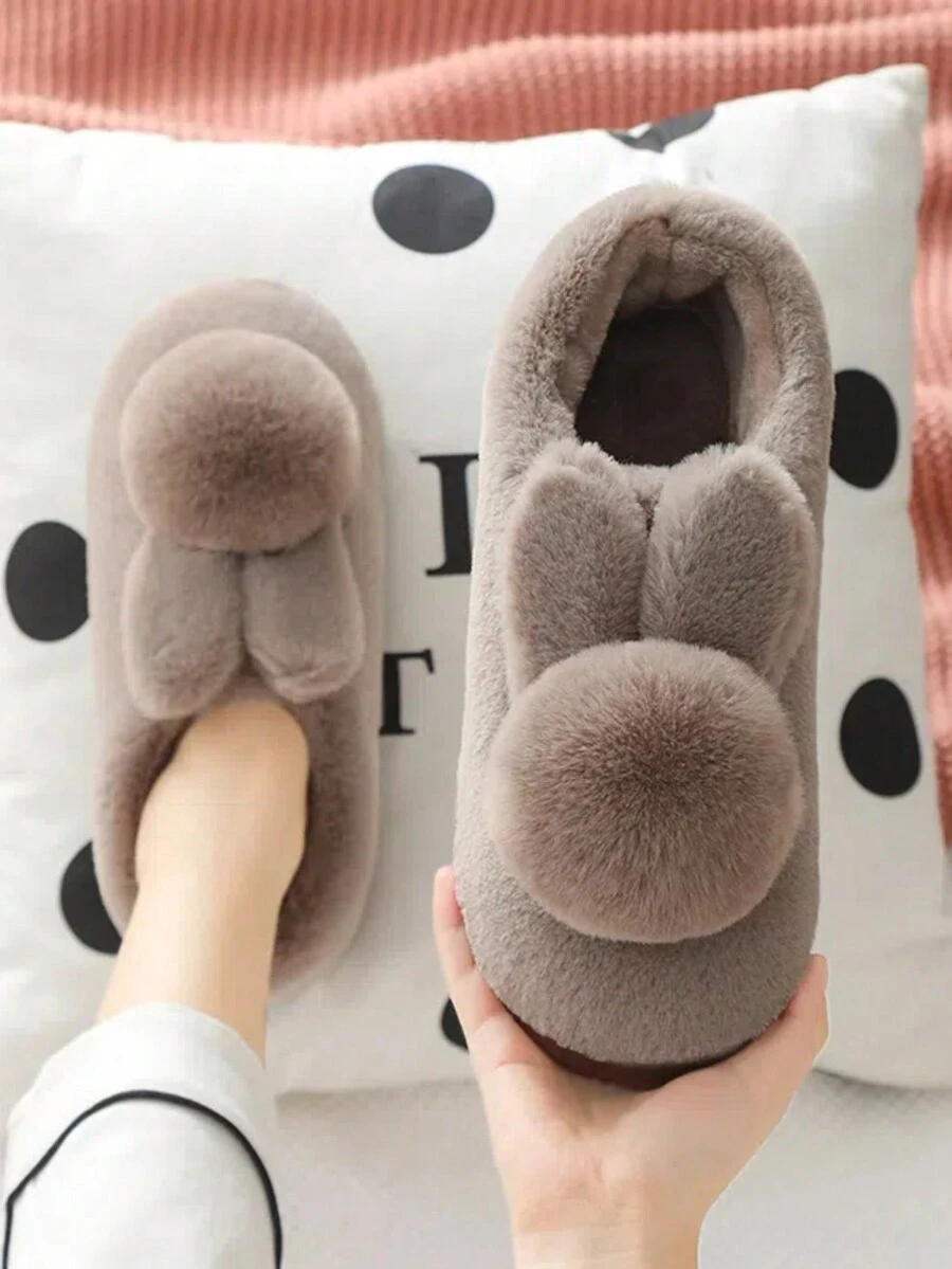 New Women Plush Slippers Winter Boots, Indoor/Outdoor Wear Furry Shoes, Closed Toe Slippers, Autumn/Winter Cute Cartoon Rabbit Thick Bottom Warm Soft Bottom Red Shoes, Brown Slippers
