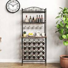 Freestanding Floor Wine Rack,Tall Wine Holder Stand With Wine Glass Holder,Storage Shelves,Wood Metal Stackable Bakers Rack,Modern Buffet Cabinet For Home Kitchen,Dining Room,Living Room