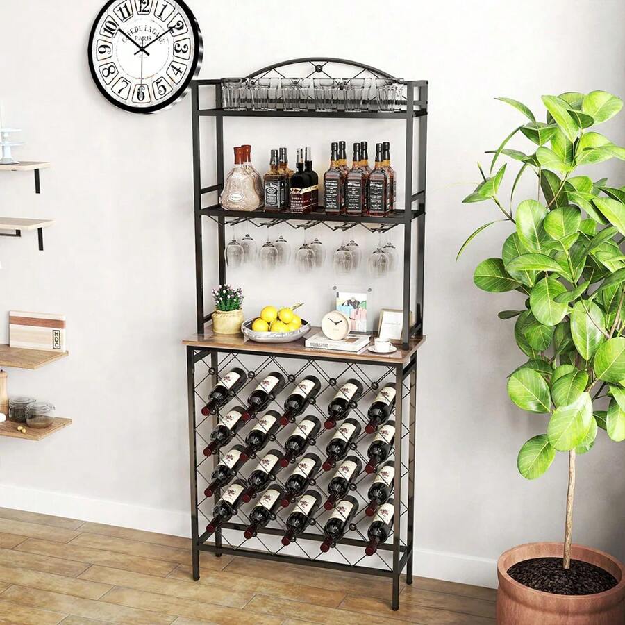 Freestanding Floor Wine Rack,Tall Wine Holder Stand With Wine Glass Holder,Storage Shelves,Wood Metal Stackable Bakers Rack,Modern Buffet Cabinet For Home Kitchen,Dining Room,Living Room