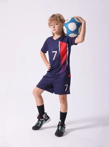 2pcs Tween Boy Numeric Print V-Neck Short Sleeve T-Shirt And Shorts Sportswear, Number 7 - Navy Blue - View 1