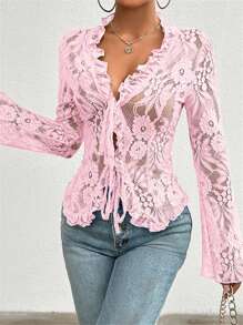 Women Lace Long Sleeve Tops Casual Sheer Basic Tie Front Shirt Blouses For Club Streetwear Aesthetic Clothes