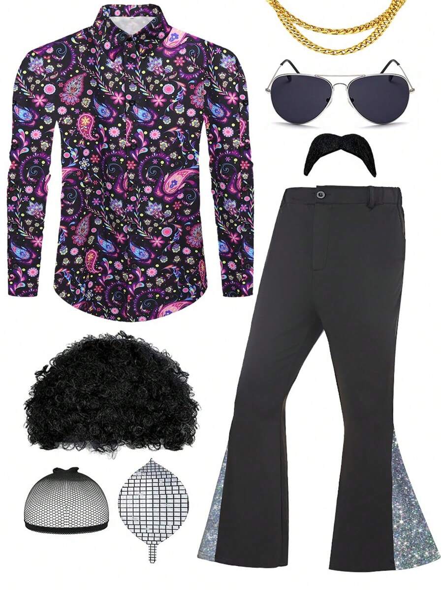 1 Set MEN's Disco Costume Vintage 80s/70s/90s Cosplay New Arrival 1970s Party Stage Performance With Hair,Necklace And Other Accessaries Christmas Party - Màu tím - Xem 1