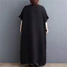 AZAH 萬聖節優雅派對上衣 女款大尺碼休閒洋裝 2026夏季 V領大尺碼女款度假短袖拼色寬鬆印花洋裝 - 黑色 - 查看 2