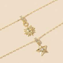 1 件时尚迷人的铜镶嵌锆石 18K 镀金星星和太阳吊坠项链，适合女性日常佩戴、珠宝配饰、赠送朋友的礼物 - 金黃色 - 查看 2