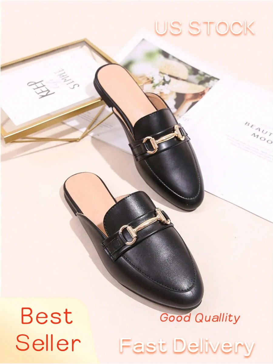 女士棕色金属扣装饰平底穆勒鞋优雅纯色，女士黑色平底金属小猫跟穆勒鞋 - 黑色 - 查看 1