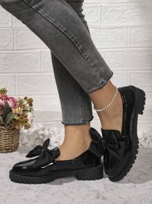 Elegant British Style Women Flats, Fashion Bowknot Decor Loafers, School Style Leather Shoes, Versatile Office Lady Formal Shoes, Comfortable Casual Platform Slip-On, Glossy Black Spring/Autumn Flat Shoes For Work, Shopping, Students