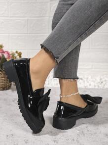 Elegant British Style Women Flats, Fashion Bowknot Decor Loafers, School Style Leather Shoes, Versatile Office Lady Formal Shoes, Comfortable Casual Platform Slip-On, Glossy Black Spring/Autumn Flat Shoes For Work, Shopping, Students