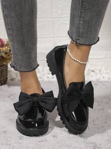 Elegant British Style Women Flats, Fashion Bowknot Decor Loafers, School Style Leather Shoes, Versatile Office Lady Formal Shoes, Comfortable Casual Platform Slip-On, Glossy Black Spring/Autumn Flat Shoes For Work, Shopping, Students