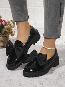Elegant British Style Women Flats, Fashion Bowknot Decor Loafers, School Style Leather Shoes, Versatile Office Lady Formal Shoes, Comfortable Casual Platform Slip-On, Glossy Black Spring/Autumn Flat Shoes For Work, Shopping, Students