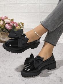 Elegant British Style Women Flats, Fashion Bowknot Decor Loafers, School Style Leather Shoes, Versatile Office Lady Formal Shoes, Comfortable Casual Platform Slip-On, Glossy Black Spring/Autumn Flat Shoes For Work, Shopping, Students