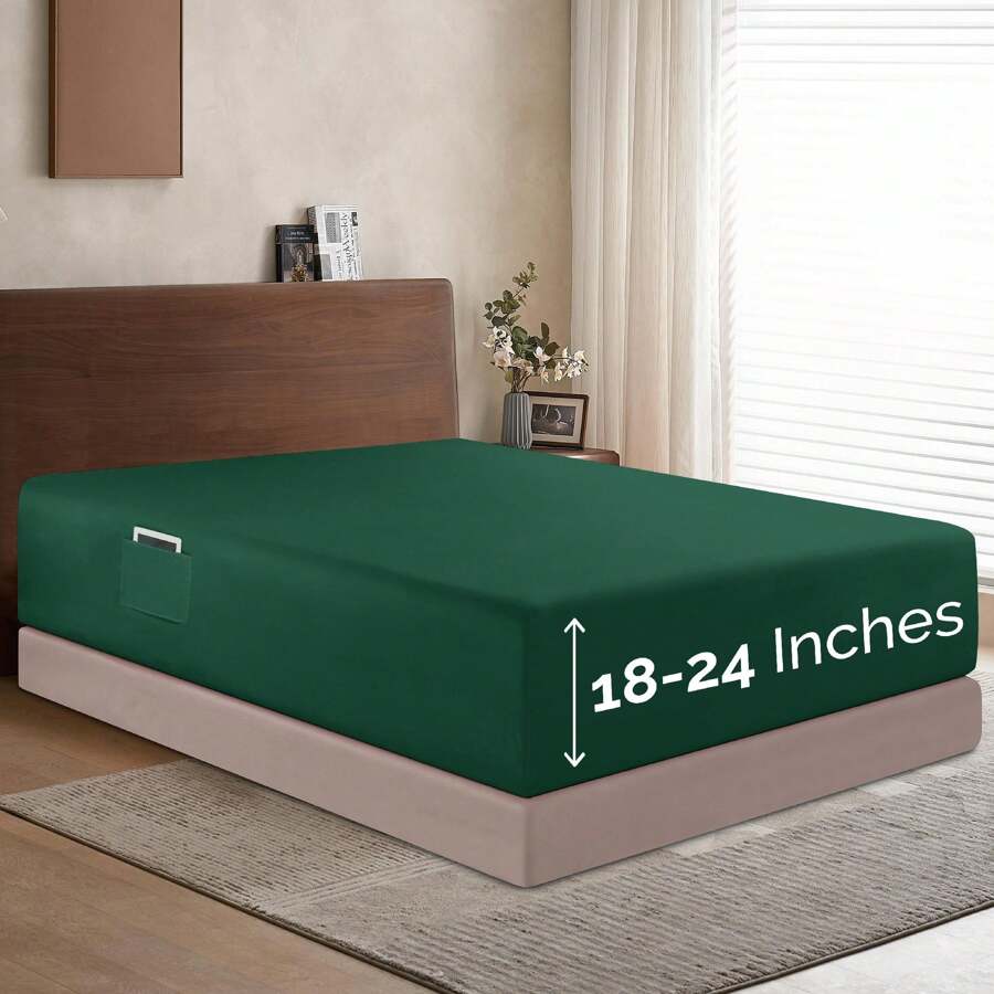 Elegant Comfort Luxury 1pc Extra Deep 18-24 Inch Deep Pocket Fitted Sheet - All Around Elastic Bedding Mattress Covers With Deep Pocket Up To 24 Inch And Double Sided Storage Pockets, Ultra Soft Machine Washable Luxury 1-Piece Bed Fitted Sheet - Fade And Wrinkle Resistant Premium Hotel Quality Twin/Full/Queen/King/Cal King Fitted Sheet, Christmas Decorations Gifts, Cozy Winter Styles, Moody Shades - 獵人綠 - 查看 1