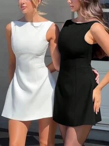 Đầm ngắn không tay hở lưng màu trơn thời trang, gợi cảm dành cho nữ, thích hợp cho mùa xuân/hè. - màu đen - Xem 6