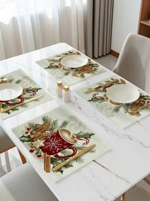 Set de 4 manteles individuales con estampado de árbol de Navidad, modernos manteles individuales de fibra de poliéster para decoración de mesa de comedor y cocina, aptos para decoración navideña - Multicolor - Ver 8