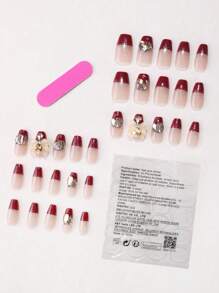 30pcs Burgundy French Manicure Artificial Nails With Gradient Glitter Crystals Rhinestone Coffin Shaped Short False Nails, 1 Base Nail File, 1 Pc Nail Gel Press On Nails
