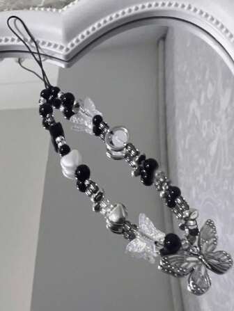 1pc Dark Style Black Butterfly Pendant Bracelet Elegant Cute Summer Ceramic Style Black Matte Cute Vitality Girl Simple Style Mobile Phone Chain Key Chain Earphone Buckle Rope Lively Vitality Girl Cute Tulip Faux Pearl Color Beads Gifts For Mother, Family, Friends, Birthday, Holiday Phone Charm