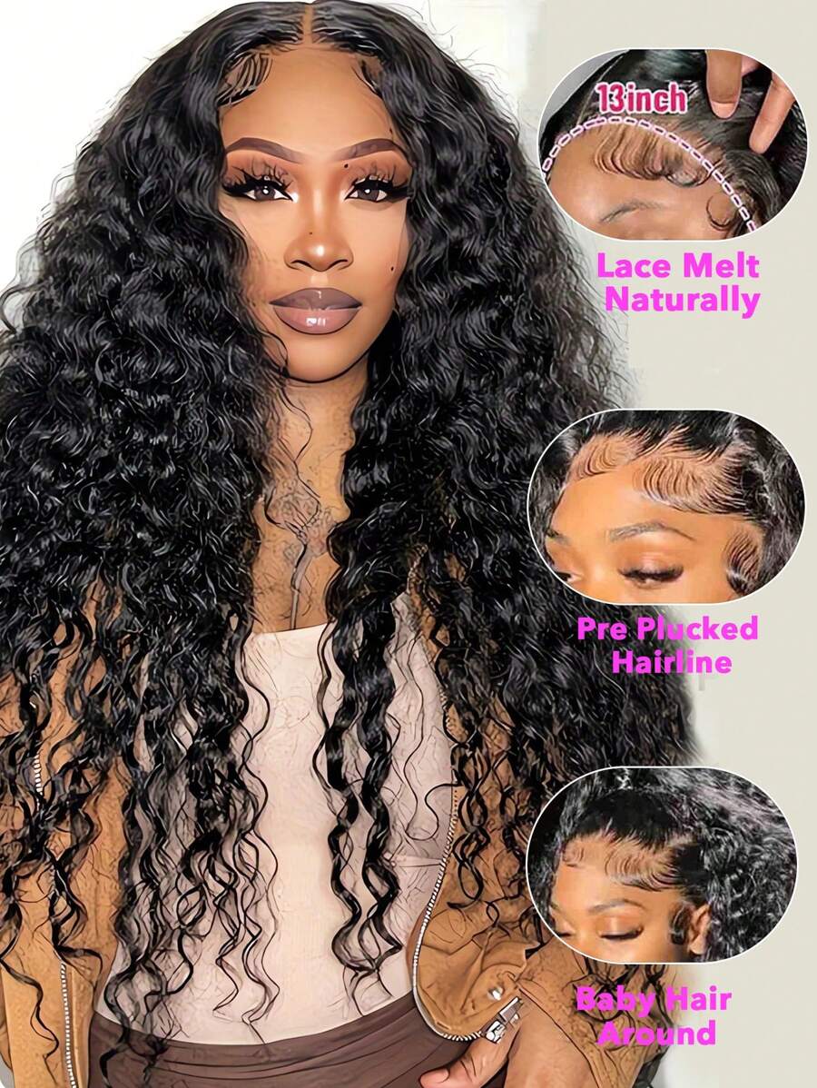 深波浪蕾丝前假发 150% 密度 13x4 高清透明前假发 女士真发 深卷无胶假发 预拔婴儿头发 天然黑色 - Natural Black - 查看 1