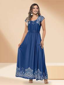 Vestido Longo Azul com Estampa Barrada – Elegância e Versatilidade para Todas as Ocasiões - Azul - Visão 1