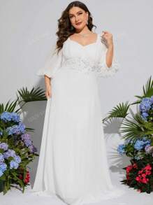 UNITHORSE UNITHORSE Lantern Sleeve Sequin Embroidery Decor Pleated Chiffon Wedding Dress, All White Party Outfit Women