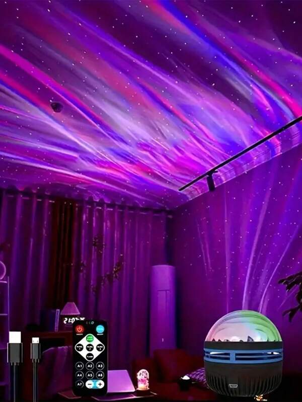1pc LED Northern Lights Projector, For Parties, Room Decoration Lights, Living Room Nightlights, Atmosphere Lights Festival Decoration Lights, 7 Color Pattern And Remote Control, USB-Powered Outdoor Lights Garden Lights