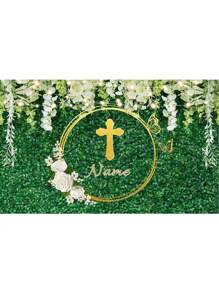 1 pieza Decoración personalizable de corona de flores con hojas verdes, telón de fondo personalizado con nombre para fiesta de cumpleaños, decoración colgante de bautizo, primera comunión y bautizo con cáliz y brillo dorado para estudio fotográfico