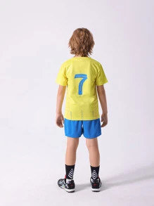 2pcs/Set Tween Boys' Numeric Print Short Sleeve T-Shirt And Shorts Sports Outfit, Number 7