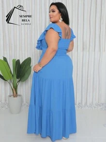 Plus Size Long Dress With Ruffle On The Shoulder - Dusty Blue - View 2