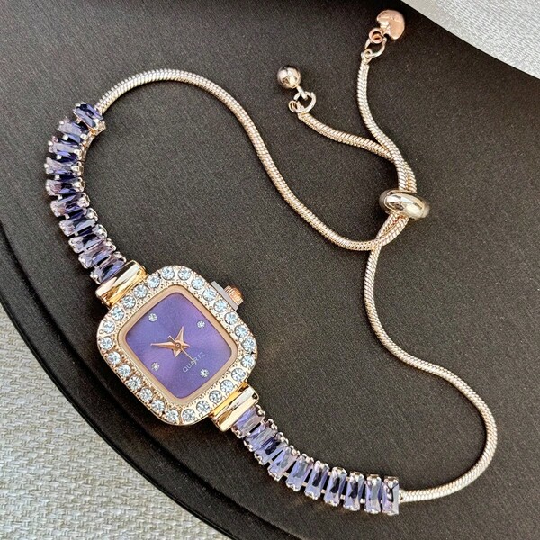 1 pièce Montre-bracelet à quartz élégante avec boîtier en alliage décoré de diamants, cadran simple, bracelet lisse incrusté de zircone violette pour femmes