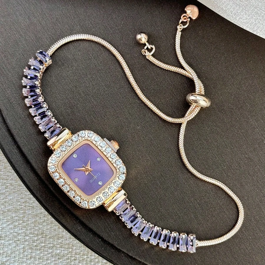 1pc Women's Zirconia Inlaid Smooth Pull-Out Bracelet Watch, Square Alloy Case, Rhinestone Dial, Quartz Movement