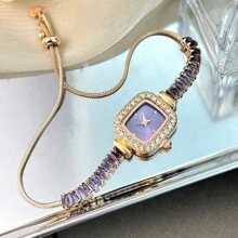 1pc Women's Zirconia Inlaid Smooth Pull-Out Bracelet Watch, Square Alloy Case, Rhinestone Dial, Quartz Movement - Purple - View 3