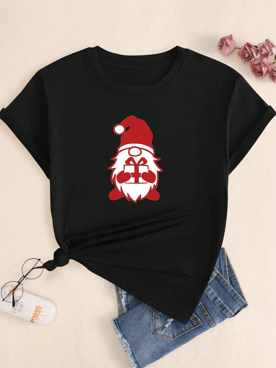 Santa Claus Printed T-Shirt Blouse Women's Fashion Casual Comfort Premium - 所以 - 查看 1
