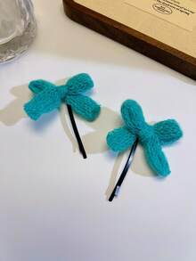 2 件可爱甜美奶油色纱线蝴蝶结夹，涤纶，侧分刘海发夹，充满少女气息，适合秋冬 - 彩色 - 查看 9
