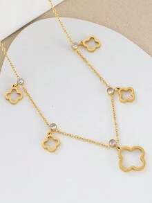 1 件不锈钢韩国时尚优雅创意简约别致奢华美学四叶草镂空花朵吊坠项链，甜美女性日常佩戴，节日礼物 - 鏤空幸運草項鍊 - 查看 4