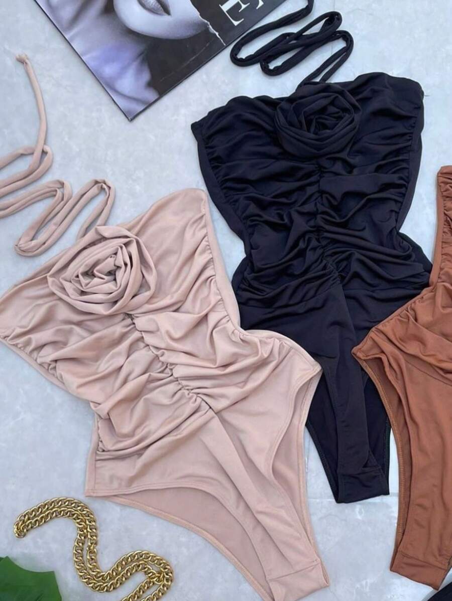 Flower Bodysuit With Neck Tie Summer Fashion 2025 - Màu be - Xem 1