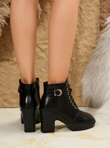 Women's Solid Color Platform Boots, Lace-Up Side Zipper Round Toe Chunky Heel Shoes, Casual Comfortable Chunky Heel Side Zipper Ankle Boots For Daily, Work, Date, Versatile, Black Lace-Up Belt Buckle Decor - Black - View 6