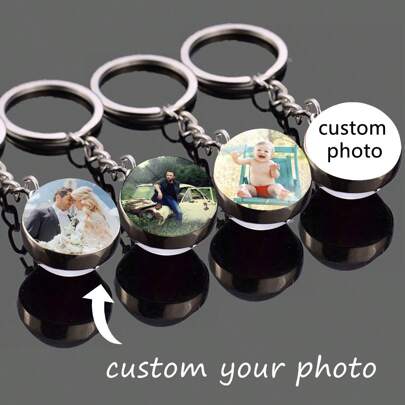 1 pieza Llavero personalizado con foto Cadena de llave con colgante de bola de cristal de imagen familiar, mascota o logo personalizado, de doble cara, DIY joyería regalo de cumpleaños