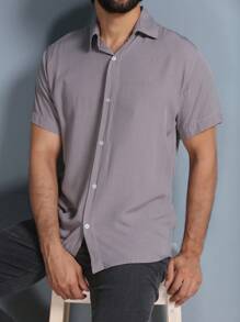 Men's Plain Short Sleeve Button Down Shirt In VISCOSE / Men's Blouse / Dress Shirt - 灰色 - 查看 7