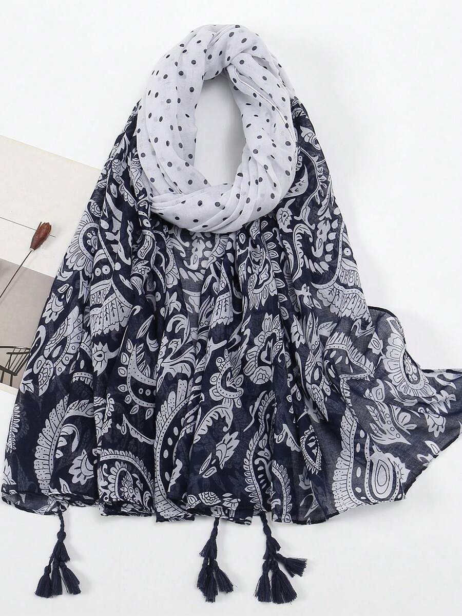 1 chiếc khăn tua rua họa tiết Paisley, thiết kế đơn giản, mặc thường ngày - màu đen - Xem 1