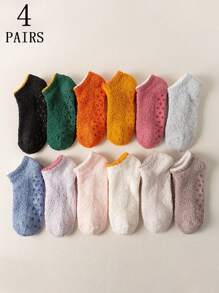 4 双女士纯色毛绒袜子，厚实保暖柔软蓬松短袜，适合秋冬季 - 彩色 - 查看 1
