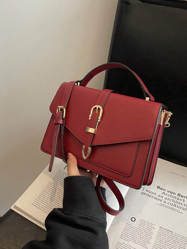 1 Stück Damen Leder Klappe Dekor Handtasche & Umhängetasche, Burgunderrot, modische Burgunderrote Tasche