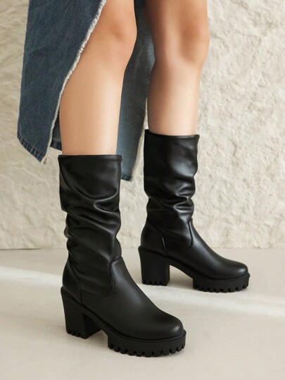 New Autumn/Winter Women's Mid-Calf Thick Heel Round Toe Long Boots, Simple Style Slip-On Fashion Comfy High Heel Plus Size Boots