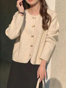 Women's Solid Color Long Sleeve Bow Button Loose Knit Cardigan, Autumn/Winter - Apricot - View 5