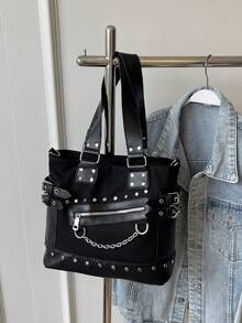 Túi Tote Cổ Điển Màu Trơn Sức Chứa Lớn, Túi Đeo Vai Hot Girls Cool Punk Y2K, Túi Đeo Chéo & Túi Xách Tay Đính Đinh Tán Cho Nữ, Túi Đeo Chéo Du Lịch Ngoài Trời Nhiều Ngăn Đa Năng Màu Trơn, Túi Đeo Chéo Messenger Đi Làm Hàng Ngày Thường Ngày - màu đen - Xem 4