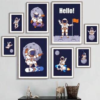 1 Stück gerahmte Wandkunst Poster Weltraum Planet Rakete Astronaut Skateboard Wandkunst Leinwandgemälde nordischer Poster und Drucke, Wandbilder, Babyzimmer/Kinderzimmer Dekoration, wahlweise mit Rahmen