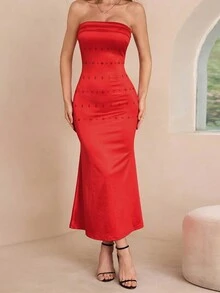 Women Slim Fit Cross Print Strapless Gorgeous Formal Dress - Red - View 6